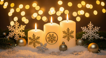 Three white Christmas candles with golden snowflakes and ornaments in the snow. Festive Advent decoration with glowing bokeh background lights.