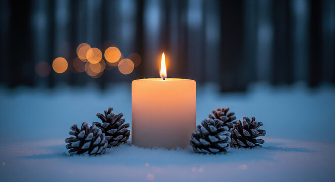 White pillar candle burning in the snow with pinecones in a winter forest. Moody and peaceful outdoor scene representing hope or remembrance.