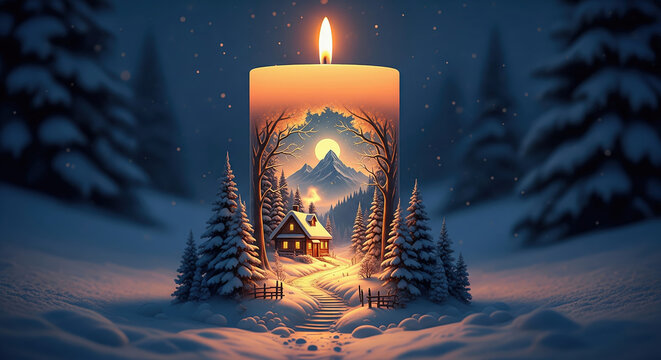 Magical candle with a cozy winter wonderland scene inside a snowy forest. Fantasy Christmas concept of warmth, peace, and holiday light.