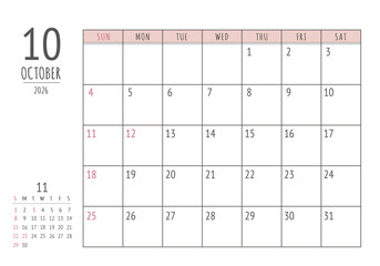2026年 10月 シンプル書き込みカレンダー