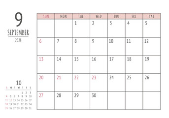 2026年 9月 シンプル書き込みカレンダー