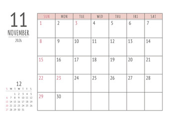 2026年 11月 シンプル書き込みカレンダー