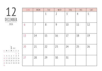 2026年 12月 シンプル書き込みカレンダー

