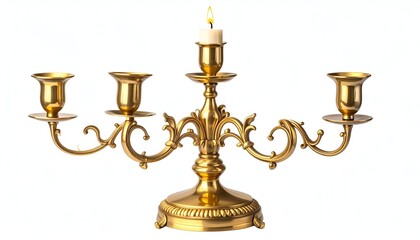 Ornate, golden candelabra with four candle holders and one lit candle, set against white