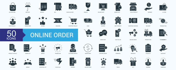 Online Order icon collection set with delivery bag, keep dry, invoice, bill, food delivery