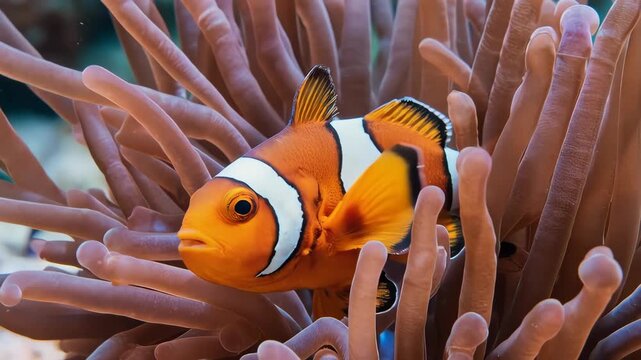 Cinematic slow-motion close-up of a vibrant clownfish nestled safely in the swaying tentacles of its sea anemone home. Colorful and bright marine life.