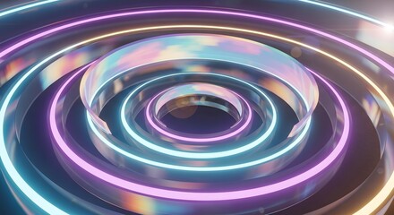 Concentric rings with neon lights and reflective surfaces abstract