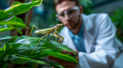 Defocused entomologist in lab coat with sharp focused pale mantid insect on vibrant green leaf in foreground, with copy space