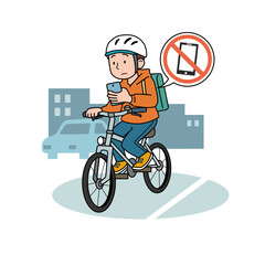スマホを見ながら自転車を運転する男性 イラスト