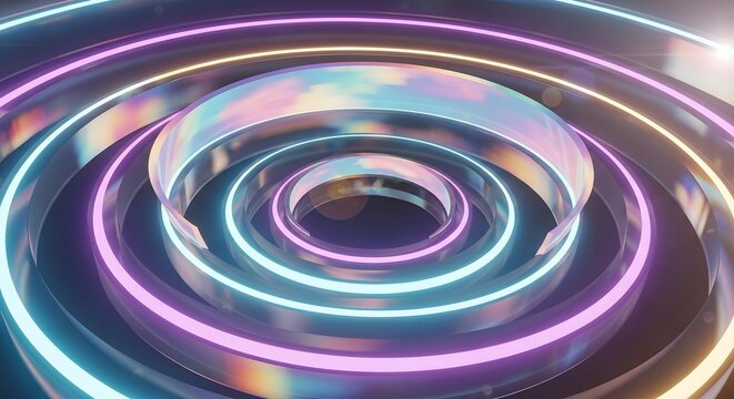 Concentric rings with neon lights and reflective surfaces abstract