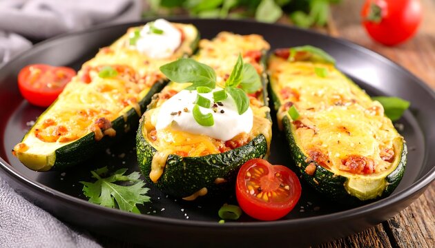 Baked zucchini boats filled with a savory filling, cheese, and toppings