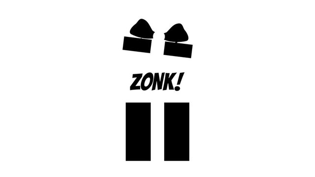 Zonk surprise gift box open icon animation with wave line motion on white background and green screen. 4K animated black icon gift box for zonk reward, motion graphics, and funny overlays.