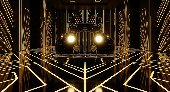 Vintage black car in a modern art deco room with sparkling golden lights. Concept of elegance, celebration, and luxury.