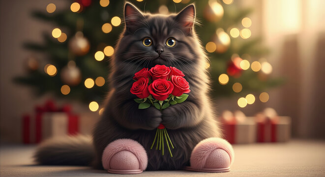 Cute fluffy cat holding a bouquet of red roses for a holiday celebration.