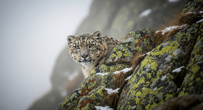 Portrait of an elusive snow leopard peeking from behind a mossy rock in the fog. - Powered by Adobe