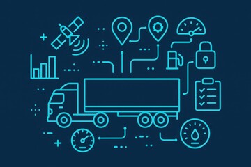 Advanced logistics management visualization featuring a truck equipped with tracking technology showcasing satellite communication and fuel metrics in a modern logistics ecosystem