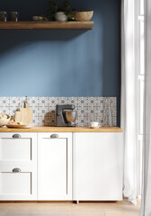 Cozy kitchen interior, Scandinavian style, panoramic background, 3d render