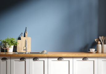 Naklejka na ściany i meble Cozy kitchen interior, Scandinavian style, panoramic background, 3d render Naklejka na ściany i meble Cozy kitchen interior, Scandinavian style, panoramic background, 3d render