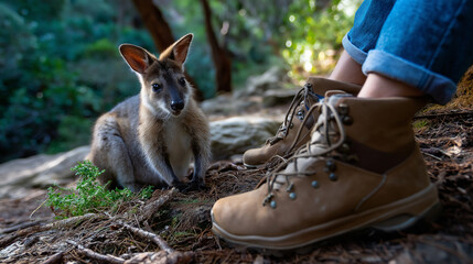 Partial view of ecologist's legs in hiking boots while defocused body and sharp marsupial with offspring remain in frame, with copy space