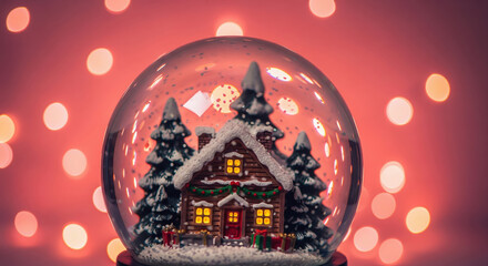 Christmas snow globe with a cozy winter house against a red bokeh background. Concept of festive magic and holiday decoration.