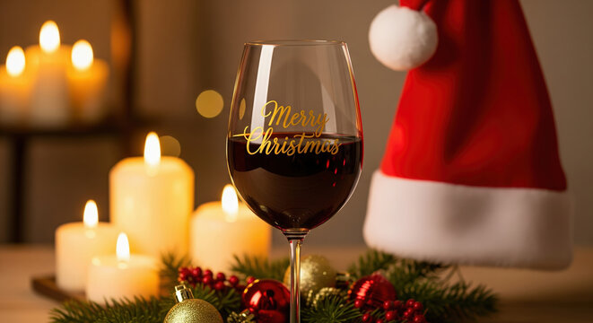 Glass of red wine with Merry Christmas text for a holiday celebration. Festive scene with Santa hat and candles.