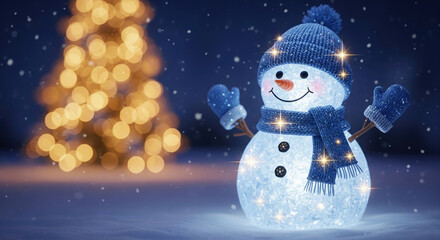 Magical glowing crystal snowman in a blue hat and scarf at night with a festive bokeh Christmas tree.