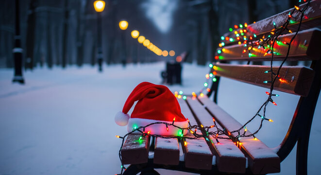 Santa hat and colorful Christmas lights on a snowy park bench at dusk. Concept of the quiet magic of the holiday season.