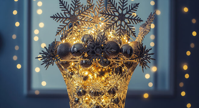 Elegant Christmas centerpiece with black glitter ornaments and snowflakes in a crystal vase filled with warm fairy lights.