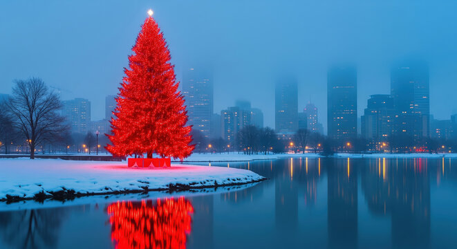 A large illuminated red Christmas tree reflects in the water against a foggy city skyline at dusk. A public winter holiday display in a park. - Powered by Adobe