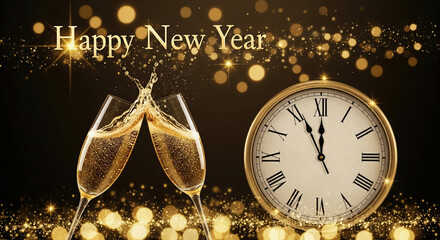Happy New Year greeting card with toasting champagne glasses and a clock approaching midnight on a golden bokeh background.