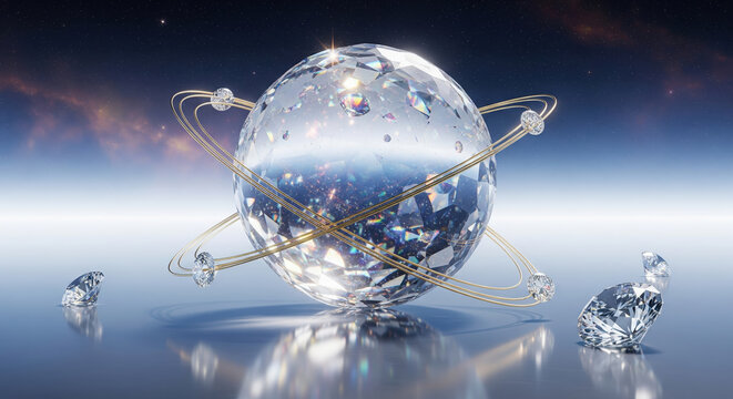 A large faceted diamond planet with gold atomic rings floating in outer space. A luxury concept of cosmic wealth and precious jewels.