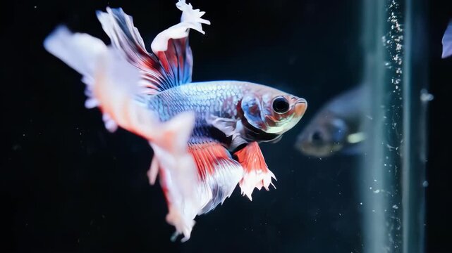 The beauty of a Siamese fighting fish (Betta) with its graceful, flowing fins in super slow motion. Dramatic dark background highlights its vibrant colors.
