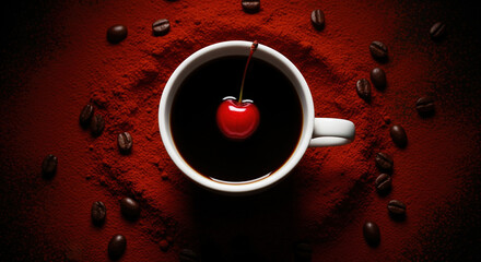 Top view of a white cup of black coffee with a single red cherry inside. Dark, moody background of cocoa powder and coffee beans.