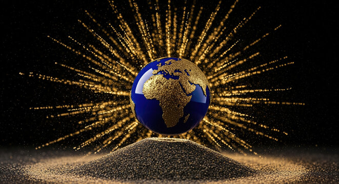 Planet Earth with golden continents on a pile of gold dust with a glitter explosion in the background. Concept of global finance and success.