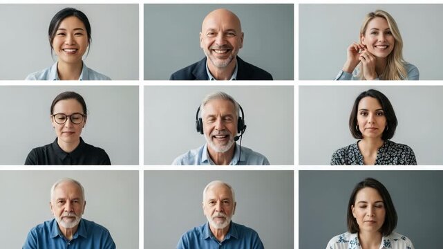 Collage of nine diverse individuals in a grid format, appearing in video call windows Keywords: video call, collage, grid, diverse, individuals, people, faces, portraits, women, men, smiling