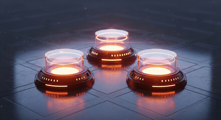 Three glowing futuristic pedestals on a dark tech platform. A sci-fi concept for product display or an advanced energy source.