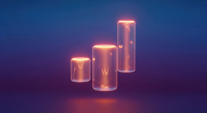 Three floating glowing cylinders representing a rising bar graph. An abstract 3D concept of growth, data, or progress on a gradient background.