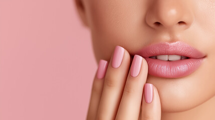 Obraz premium Close-up of a woman with soft pink lips and perfectly manicured nails, gently touching her face against a pastel pink background, showcasing beauty and elegance in a serene moment
