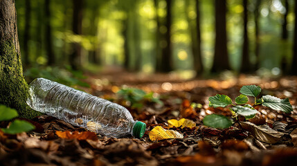 Obraz premium Plastic bottle littering the forest floor among fallen leaves and green foliage in a lush woodland on a bright autumn day