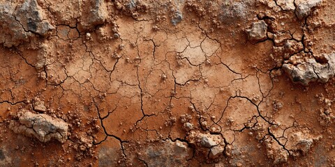 Aerial view of cracked dry earth with rough texture background and natural brown hue in arid environment
