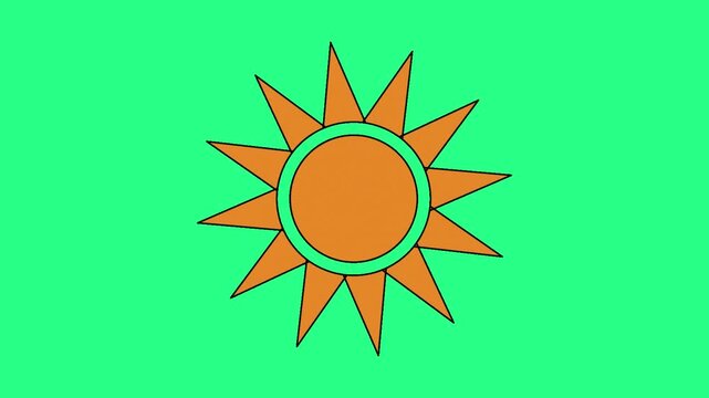 Bright lime-green background features a bold orange sun with many triangular rays. In all directions, video loops,  green screen, 4k, footage, 4k footage, slow motion, video wallpaper, animation