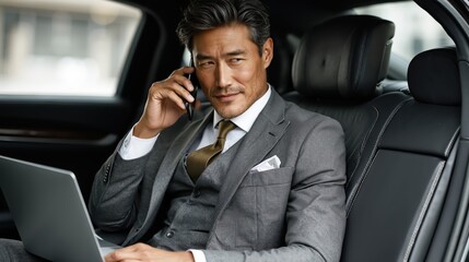 Asian businessman, male person in formal suit using smartphone and laptop inside luxury car, mobility concept