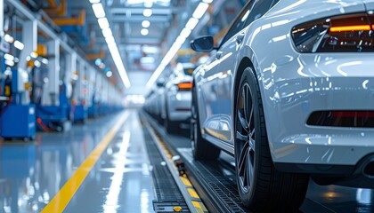 Fototapeta premium Modern assembly line showcasing shiny new vehicles ready for delivery. A captivating image of a manufacturing plant and the automotive industry.