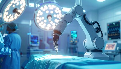 A futuristic surgery scene featuring a robotic arm performing a medical procedure with medical staff. High-tech operating room