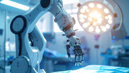 A futuristic robotic arm poised in an operating room setting, medical innovation, and surgery