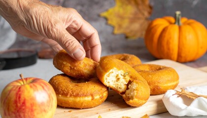 A hand reaching for a delicious pumpkin donuts next to fresh apple