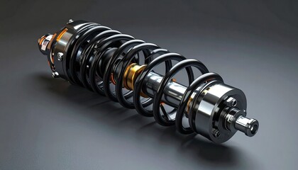 A close-up view of a car shock absorber, showcasing the spring and internal components in detailed structure