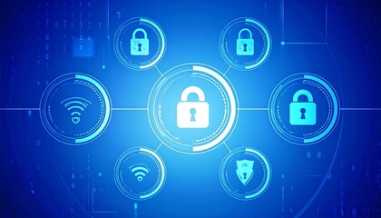 Digital cybersecurity network with lock icons on blue