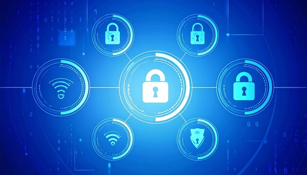 Digital cybersecurity network with lock icons on blue - Powered by Adobe