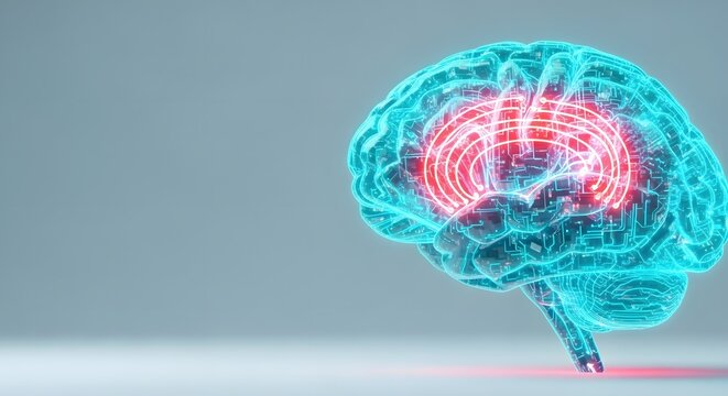 Abstract Digital Brain Concept with Neon Pathways, AI Generative Art